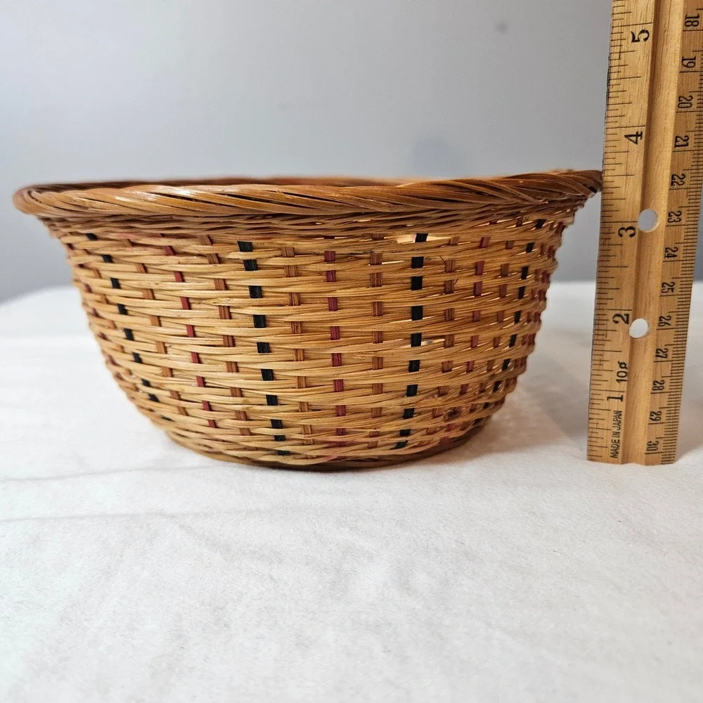 Vtg Woven Wicker Basket Round Bowl Boho County Red Black Striped 7.5